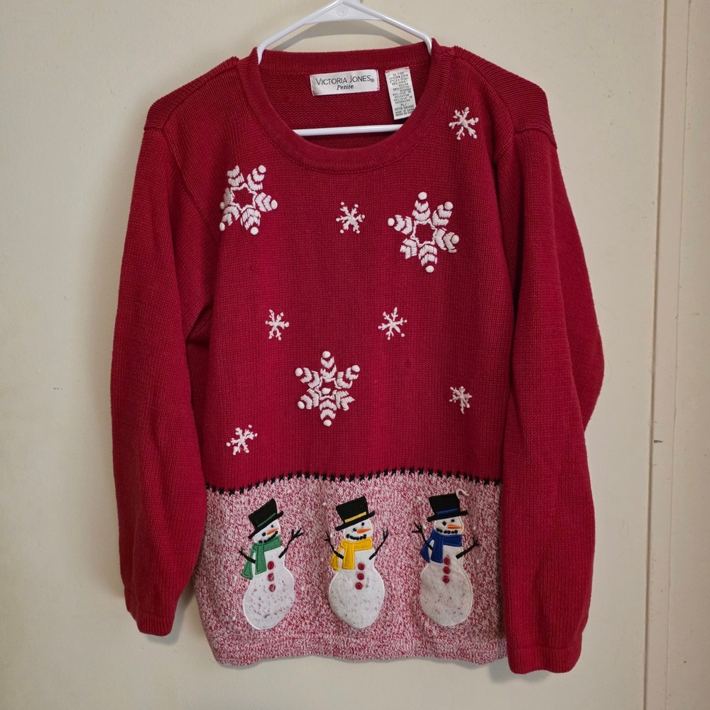 Vintage Womens Ugly Christmas Sweater Size Petite Large Red Snowman Snowflake